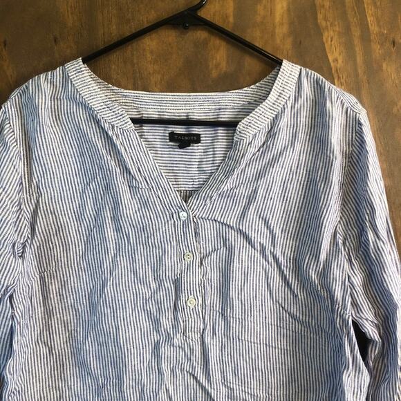 Talbots Womens Blouse White Blue Stripe Popover V Neck Roll Tab 100% Linen L - Picture 2 of 11